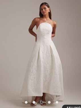 ASOS DESIGN White Bridal curved strapless neckline lace midi dress in ivory